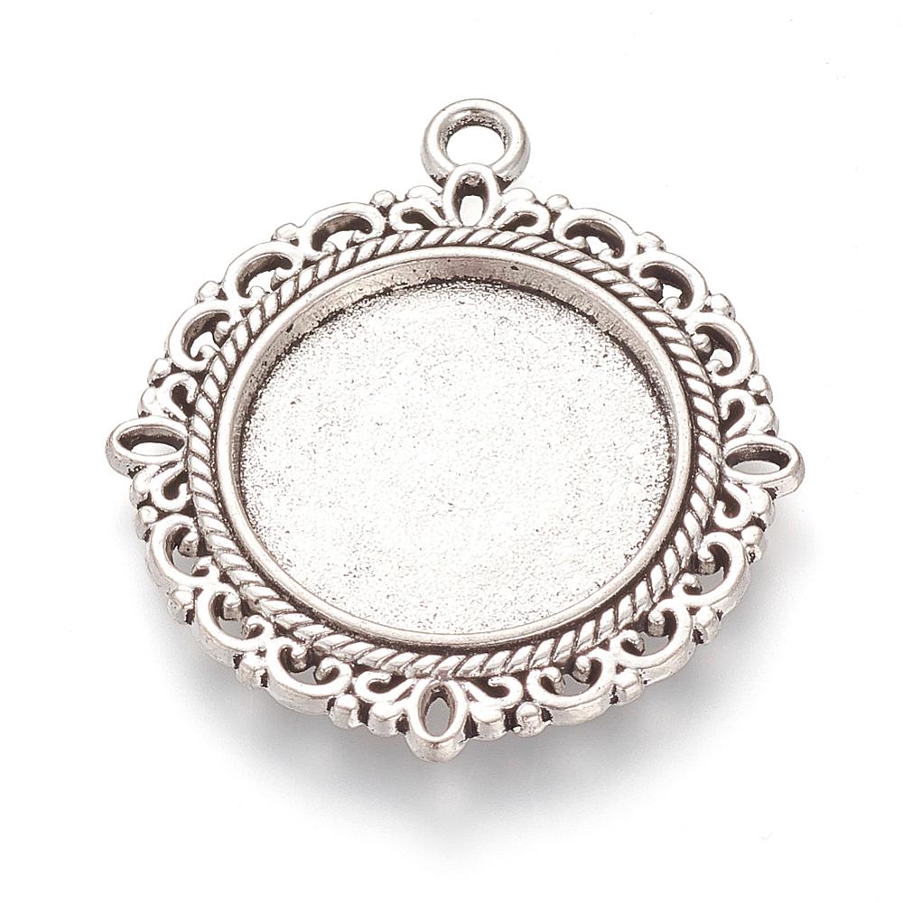 PandaHall Tibetan Style Alloy Pendant Cabochon Settings, Flat Round, Cadmium Free & Lead Free, Antique Silver, Tray: 20mm; 35.5x32x2mm, Hole...
