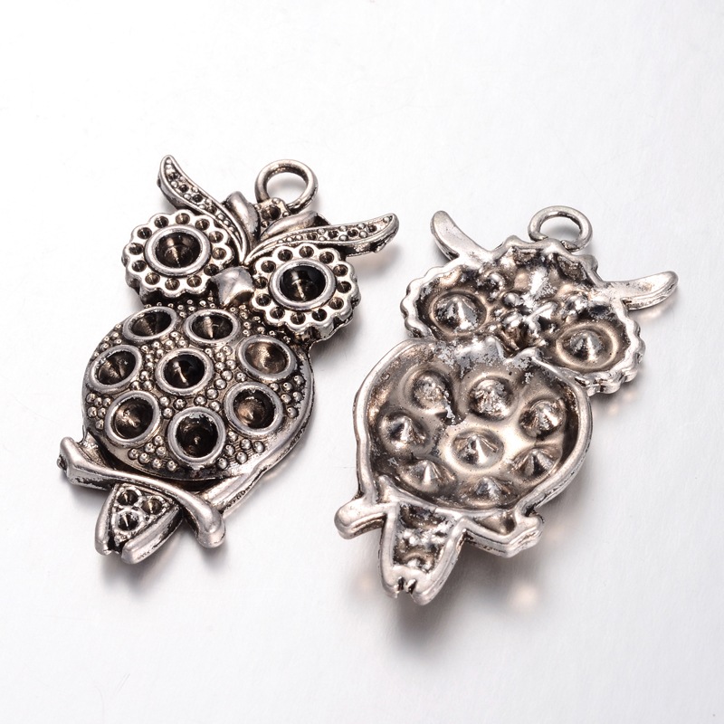 PandaHall Tibetan Style Pendant Rhinestone Settings, Lead Free & Nickel Free, Owl, Antique Silver, 48x24x3mm, Hole: 3mm, Fit for 1~3mm...