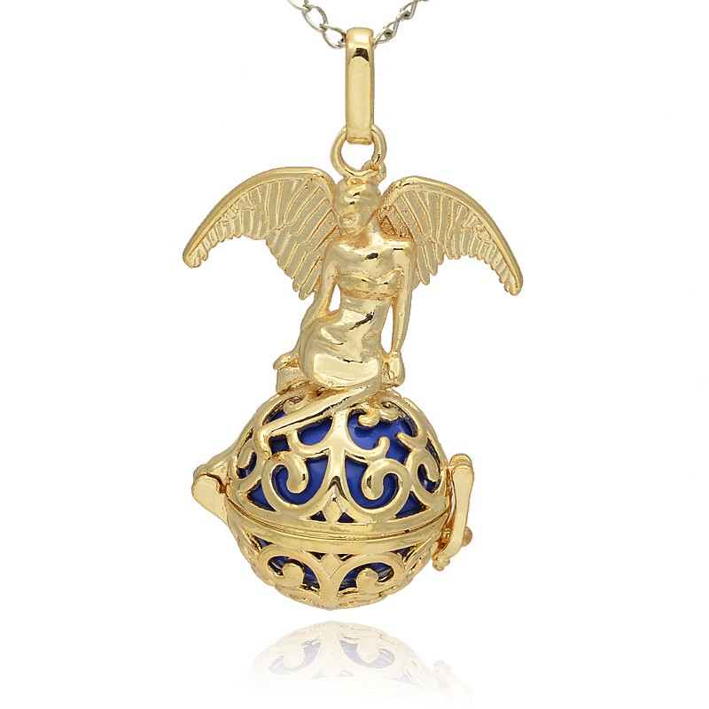PandaHall Golden Tone Brass Hollow Round Cage Pendants, with No Hole Spray Painted Brass Round Beads, Round with Angel, Blue, 47x30x21mm...