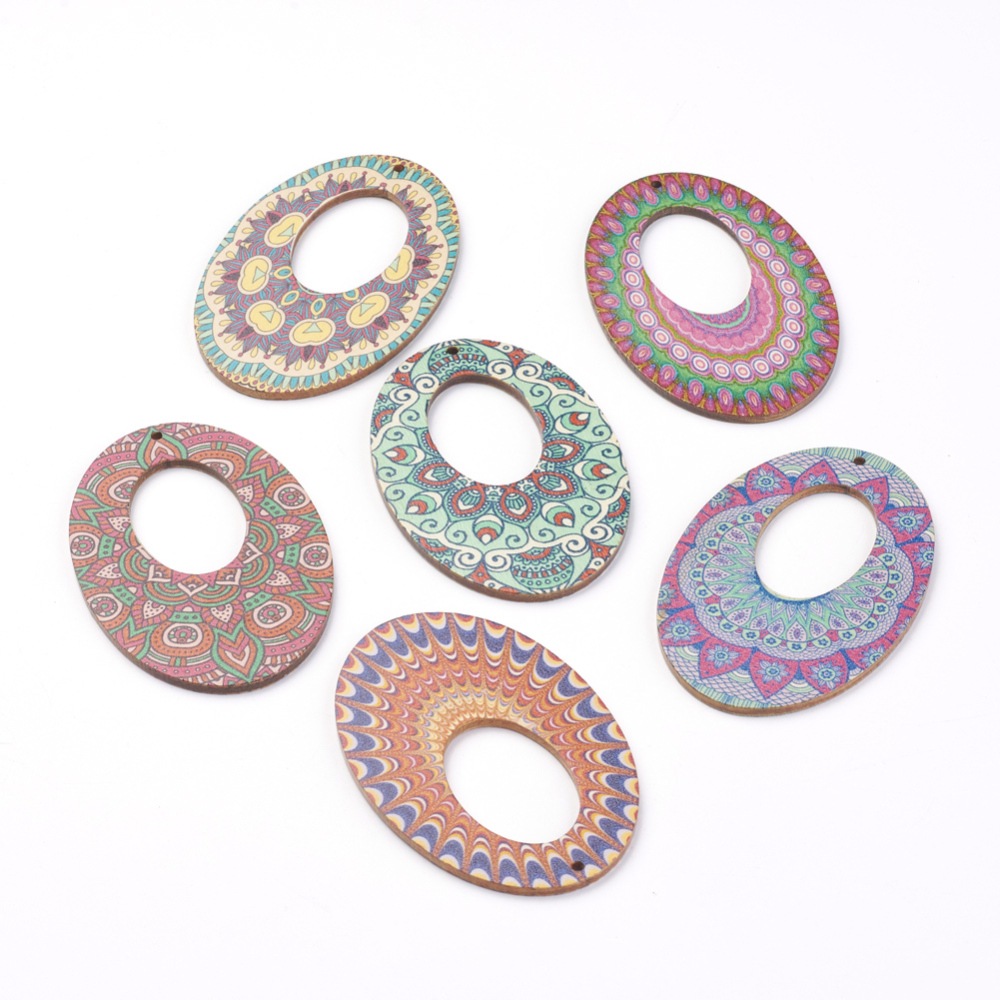 PandaHall Printed Wooden Big Pendants, Oval with Pattern, Mixed Color, 76x50x2.5mm, Hole: 1.5mm Wood Oval Multicolor
