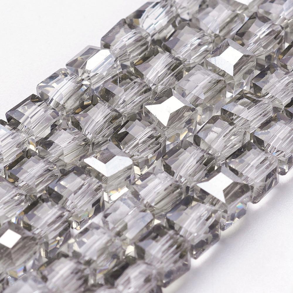 PandaHall Electroplate Glass Beads Strands, Half Plated, Faceted Cube, Gray, 4x4x4mm, Hole: 1mm; about 100pcs/strand, 16.9" Cube Gray