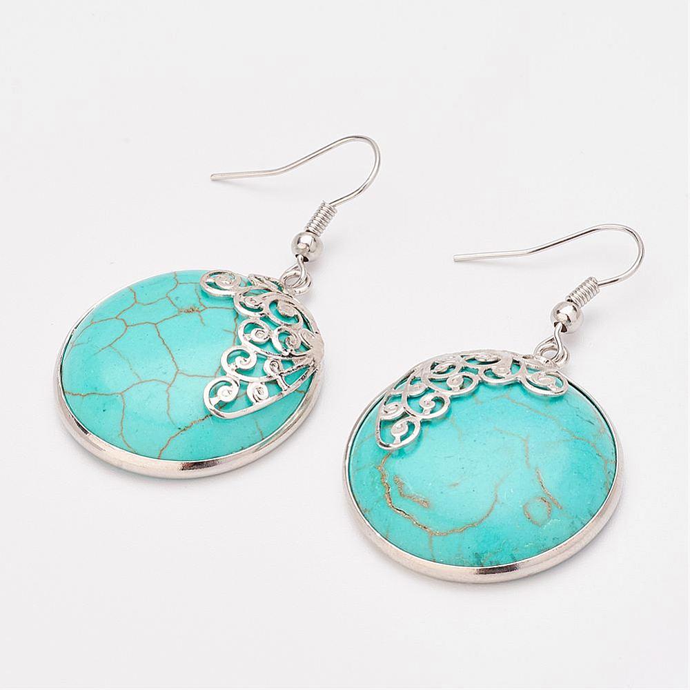 PandaHall Synthetic Turquoise Dangle Earrings, with Brass Findings, Flat Round, 45mm; pin: 0.5mm Synthetic Turquoise Green