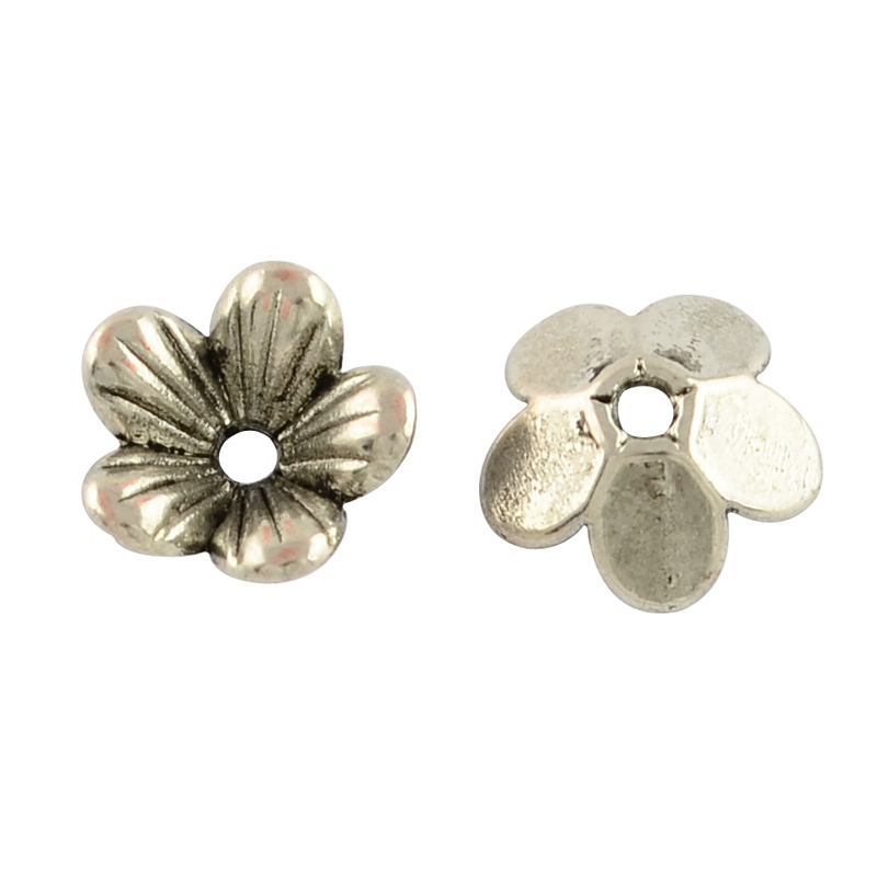 PandaHall Tibetan Style Flower Alloy Bead Caps, 5-Petal, Lead Free & Cadmium Free, Antique Silver, 9x3mm, Hole: 1.5mm Alloy