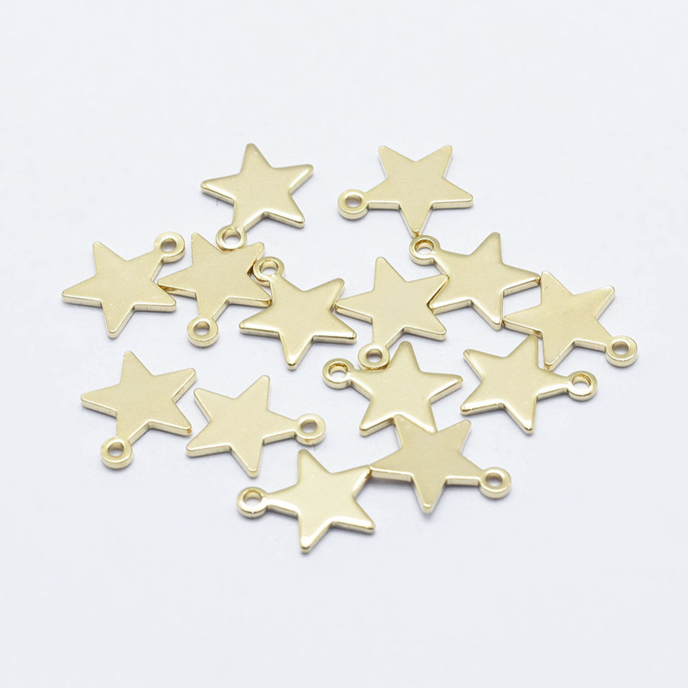 PandaHall Electroplated Brass Charms, Long-Lasting Plated, Real 18K Gold Plated, Nickel Free, Star, 11.5x10x0.8mm, Hole: 1mm Brass Star