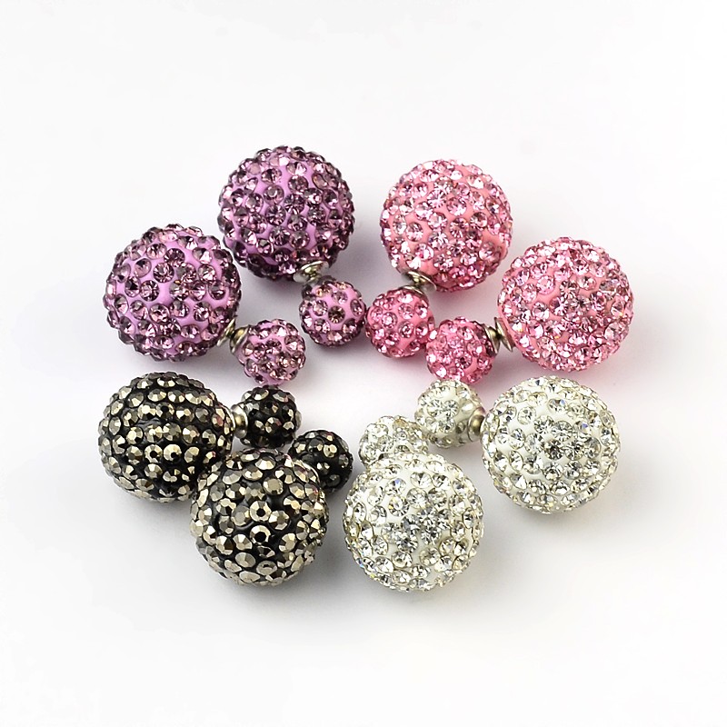 PandaHall Double Side Polymer Clay Rhinestone Ball Stud Earrings, with Brass Stud Earring Findings, Mixed Color, 26mm; Pin: 0.7mm; Bead...