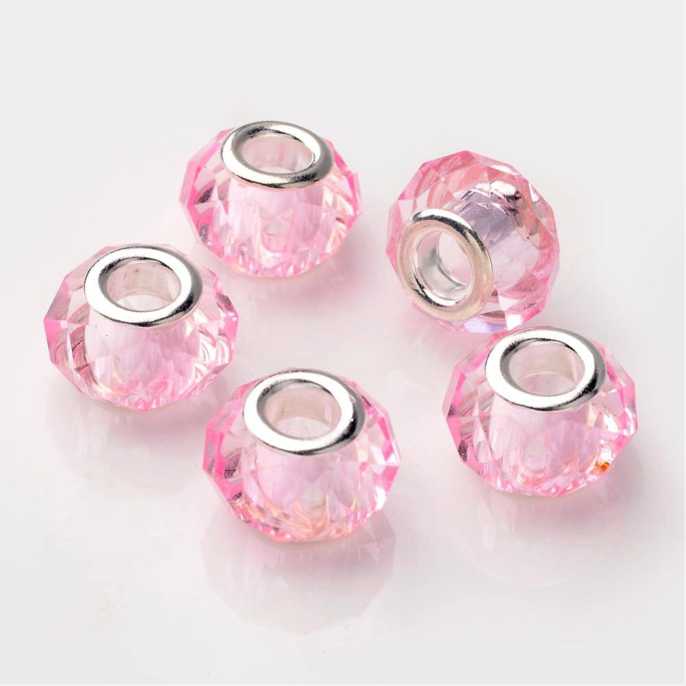 PandaHall Rondelle Handmade Crystal European Beads Fit Charm Bracelets, Large Hole Beads, Platinum Color Brass Core, Pink, 14x10mm, Hole...