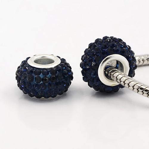 PandaHall Resin European Rhinestone Beads, Grade A, with Silver Plated Brass Double Cores, Rondelle, MidnightBlue, 15x10mm, Hole: 5mm...