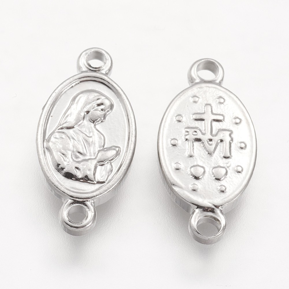 PandaHall 304 Stainless Steel Links, Oval with Virgin Mary, Stainless Steel Color, 17x8x2mm, Hole: 1mm Stainless Steel Oval