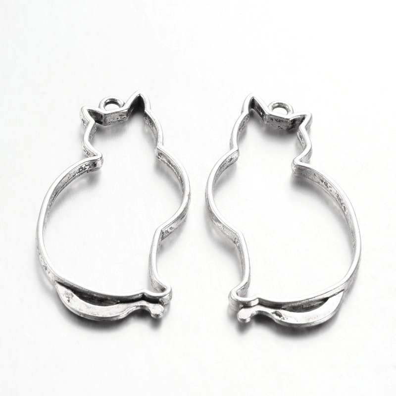 PandaHall Tibetan Style Alloy Animal Pendants, Open Back Bezel, Cat, Lead Free & Nickel Free, Antique Silver, 52x27x3mm, Hole: 3mm Alloy Cat