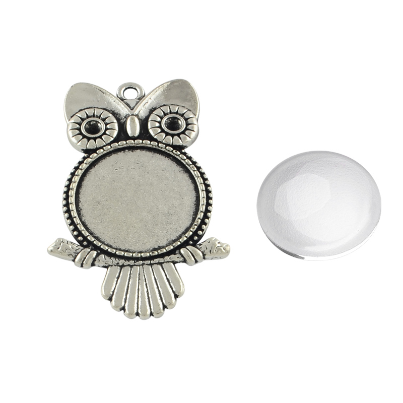 PandaHall Pendant Makings Sets, with Alloy Pendant Cabochon Settings and Glass Cabochons,  Owl, Cadmium Free & Nickel Free & Lead Free...