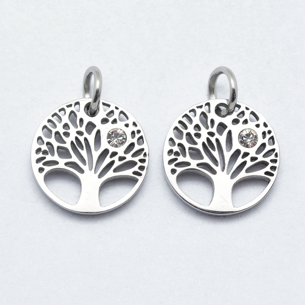 PandaHall 316 Stainless Steel Pendants, with Cubic Zirconia, Flat Round with Tree, Clear, Stainless Steel Color, 12x2mm, Hole: 3mm Stainless...