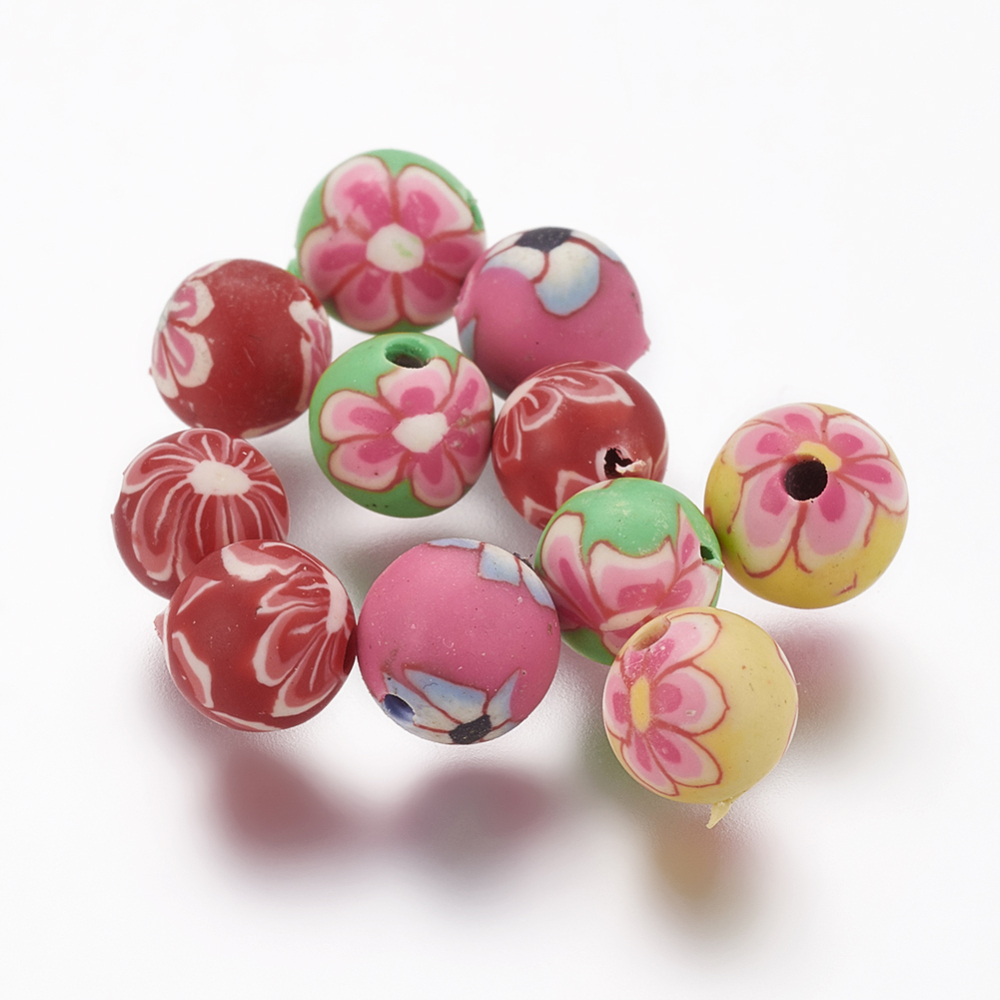 PandaHall Handmade Polymer Clay Round Beads, with Flower Pattern, Mixed Color, 6x6mm, Hole: 1mm Polymer Clay Round Multicolor