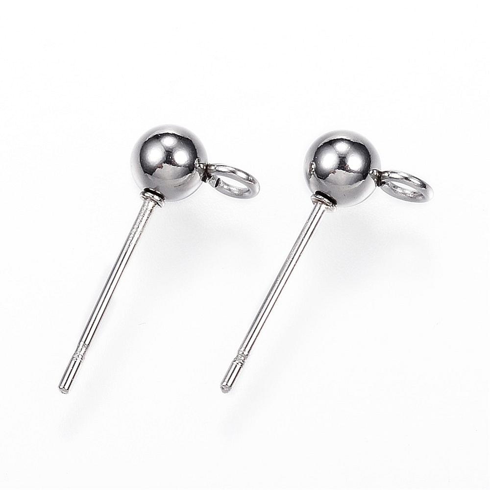 PandaHall 304 Stainless Steel Ball Stud Earring Findings, Stainless Steel Color, 15x7x4mm, Hole: 2mm; Pin: 0.8mm Stainless Steel
