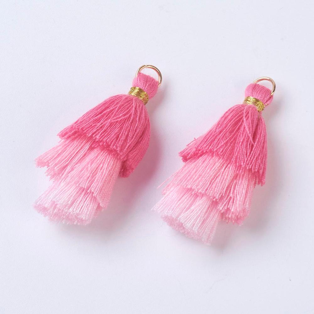 PandaHall Polyester Tassel Pendants, with Findings, Golden, Pink, 43~50x14~24mm, Hole: 5mm Polyester Pink