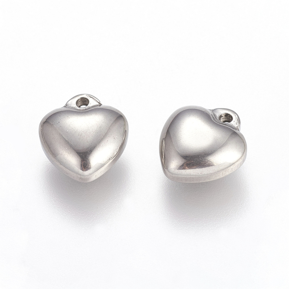 PandaHall 304 Stainless Steel Heart Charms, Stainless Steel Color, 11x10x6mm, Hole: 1mm Stainless Steel Heart