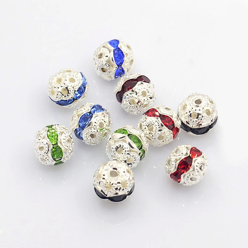 PandaHall Brass Rhinestone Beads, Grade A, Silver Metal Color, Round, Mixed Color, 8mm Brass+Rhinestone Round