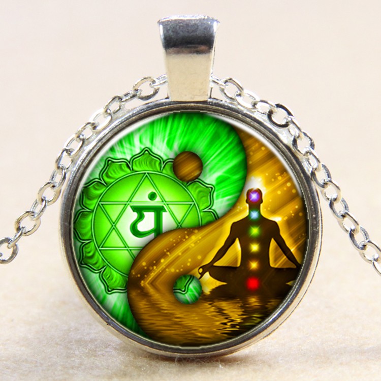 PandaHall Glass Pendant Necklaces, with Alloy Chains, Flat Round with Chakra and Yin Yang, Silver, 18" Glass Silver