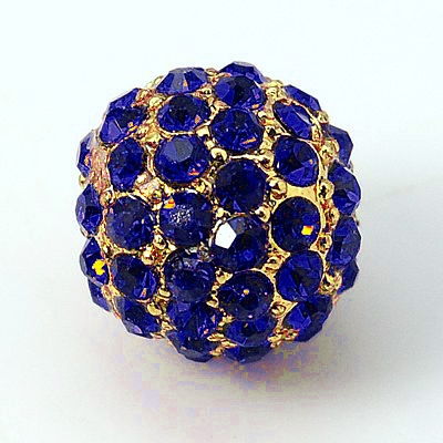 PandaHall Alloy Rhinestone Beads, Grade A, Round, Golden Metal Color, Sapphire, 10mm Alloy+Rhinestone Round
