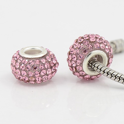 PandaHall Grade A Rhinestone European Beads, Big Hole Spacer Rondelle Beads Fit Charm Bracelets, Resin, with Silver Color Brass Core, Pink...