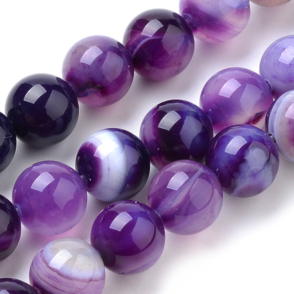 PandaHall Natural Striped Agate/Banded Agate Beads Strands, Dyed, Round, BlueViolet, 8mm, Hole: 1mm; about 50pcs/strand, 15.7" Banded Agate...