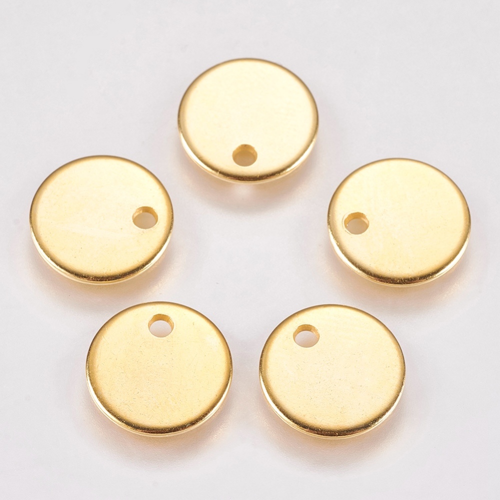 PandaHall 304 Stainless Steel Charms, Flat Round, Golden, 10x1mm, Hole: 1mm Stainless Steel Flat Round