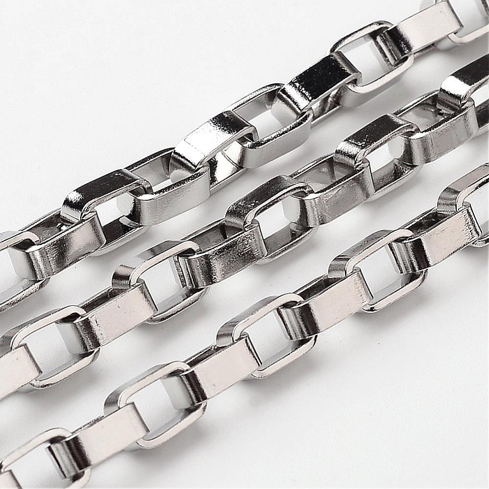 PandaHall 304 Stainless Steel Venetian Chains, Box Chain, Rectangle, Stainless Steel Color, 5x5mm Stainless Steel