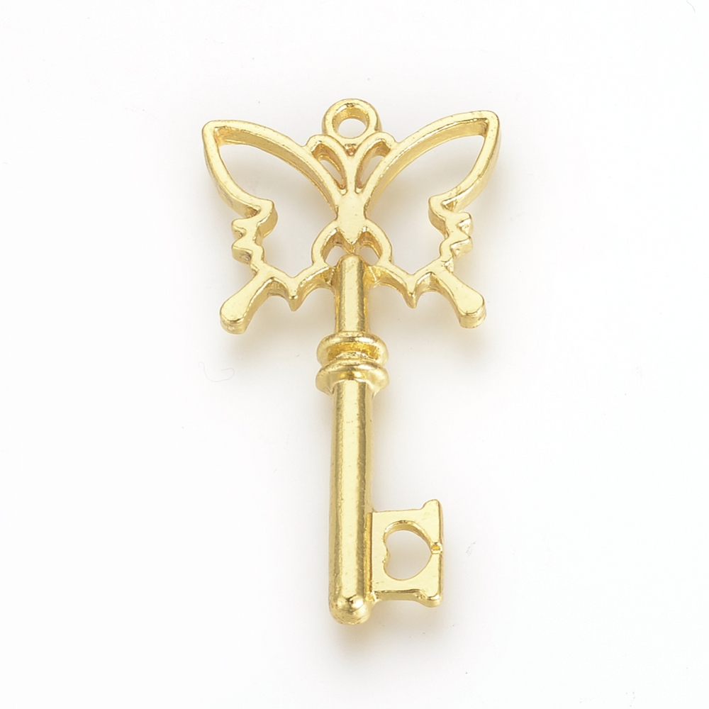 PandaHall Tibetan Style Alloy Pendants, Butterfly Skeleton Key, Golden, 39x20.5x3.5mm, Hole: 2mm Alloy Key