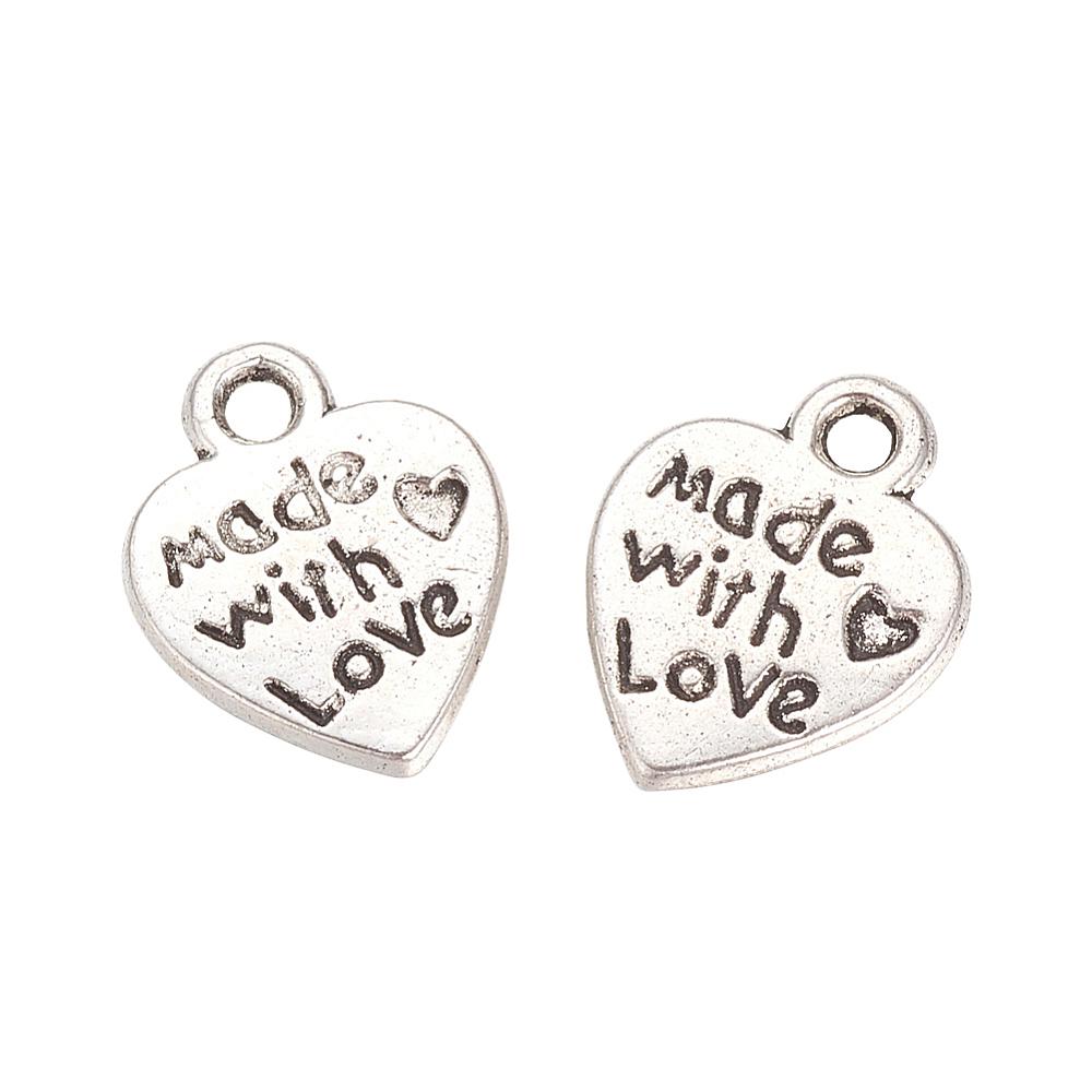 PandaHall Tibetan Style Alloy Pendants,  Heart with Word Made with Love, Cadmium Free & Lead Free, Antique Silver, 12.5x10x2mm, Hole: 2mm;...