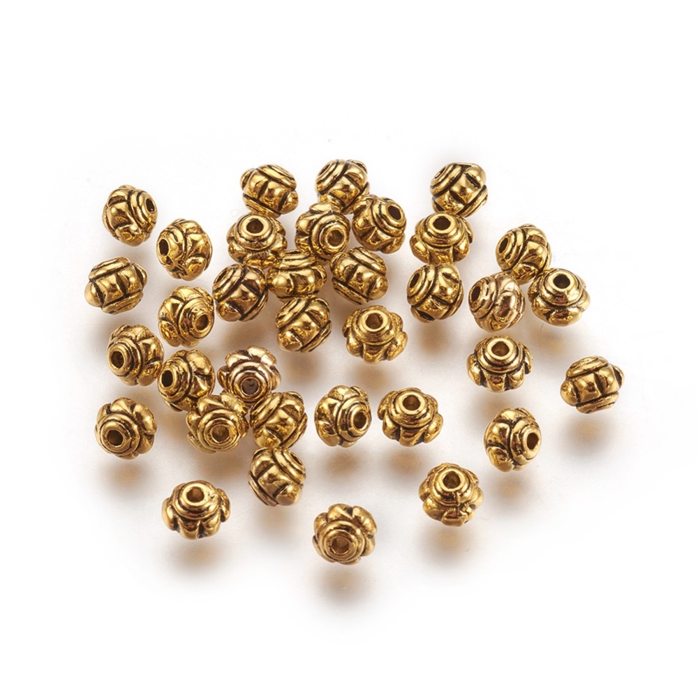 PandaHall Tibetan Style Bead Spacers, Lead Free & Nickel Free , Flower, Antique Golden, Size: about 5mm in diameter, 4.3mm thick, Hole...