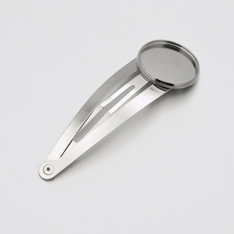 PandaHall Hair Accessories Iron Snap Hair Clip Findings, with Brass Flat Round Cabochon Bezel Settings, Platinum, Tray: 18mm; 58x20x3mm Iron
