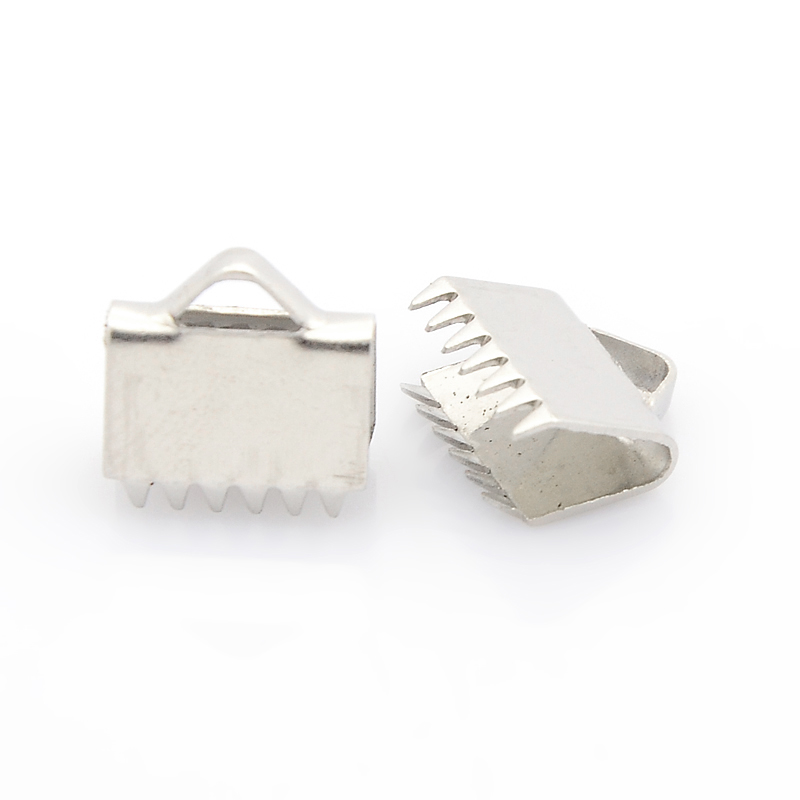 PandaHall 304 Stainless Steel Ribbon Clamp Ends, Stainless Steel Color, 10x11x5mm, Hole: 2x4mm Stainless Steel