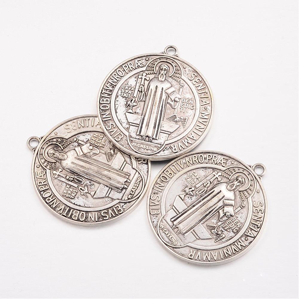 PandaHall Tibetan Style Big Pendants, Lead Free, Saint Benedict Medal, Antique Silver, 53x48x4mm, Hole: 3mm Alloy Flat Round