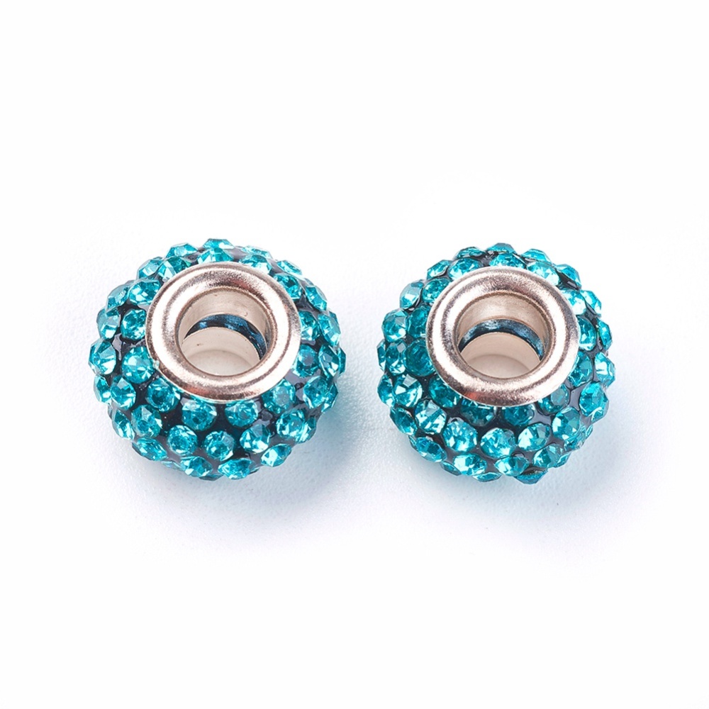 PandaHall Grade A Rhinestone European Beads, Large Hole Beads, Resin, with Silver Color Brass Core, Rondelle, Aquamarine, 12x8mm, Hole: 4mm...