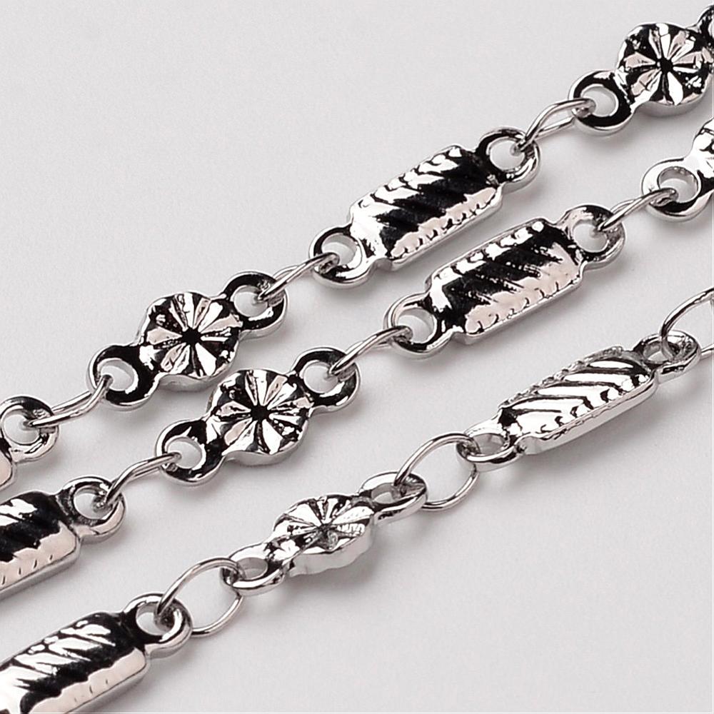 PandaHall 304 Stainless Steel Link Chains, Decorative Chain, with Rectangle & Flat Round Connector, Stainless Steel Color, 3.5x1.5mm...