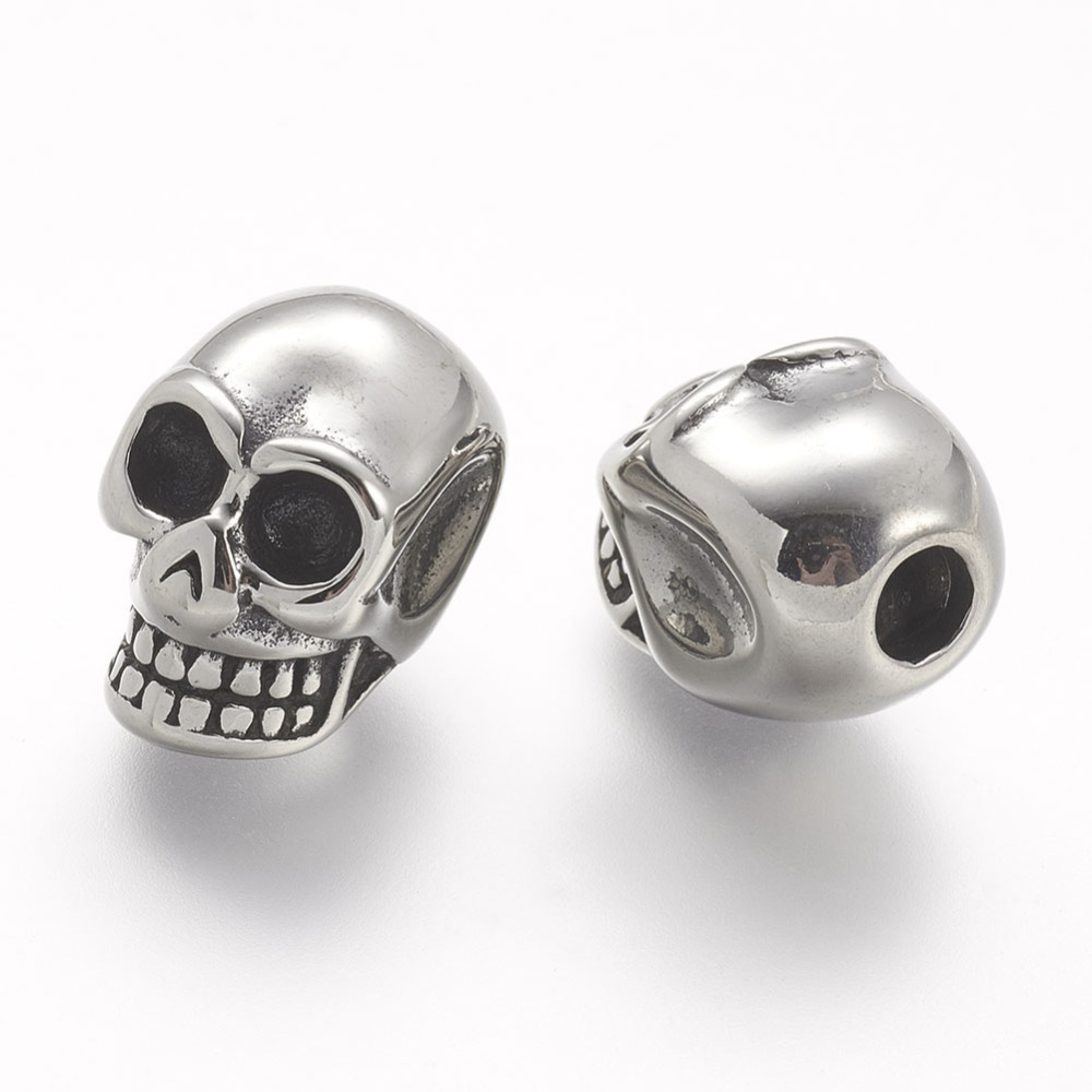 PandaHall 304 Stainless Steel Beads, Skull, Large Hole Beads, Antique Silver, 17x11x13mm, Hole: 4mm Stainless Steel Skull