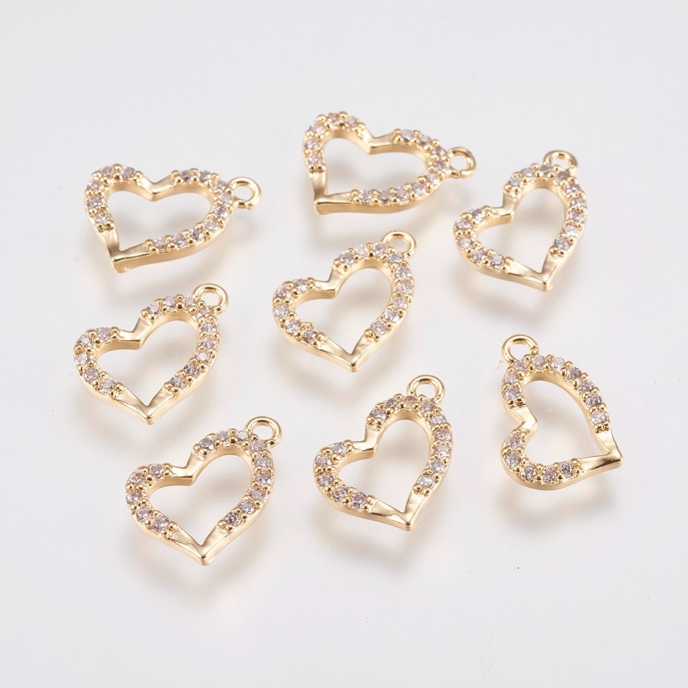 PandaHall Brass Micro Pave Cubic Zirconia Charms, Open Heart, Real Gold Plated, 11x12x1.5mm, Hole: 1mm Brass+Cubic Zirconia Heart Clear
