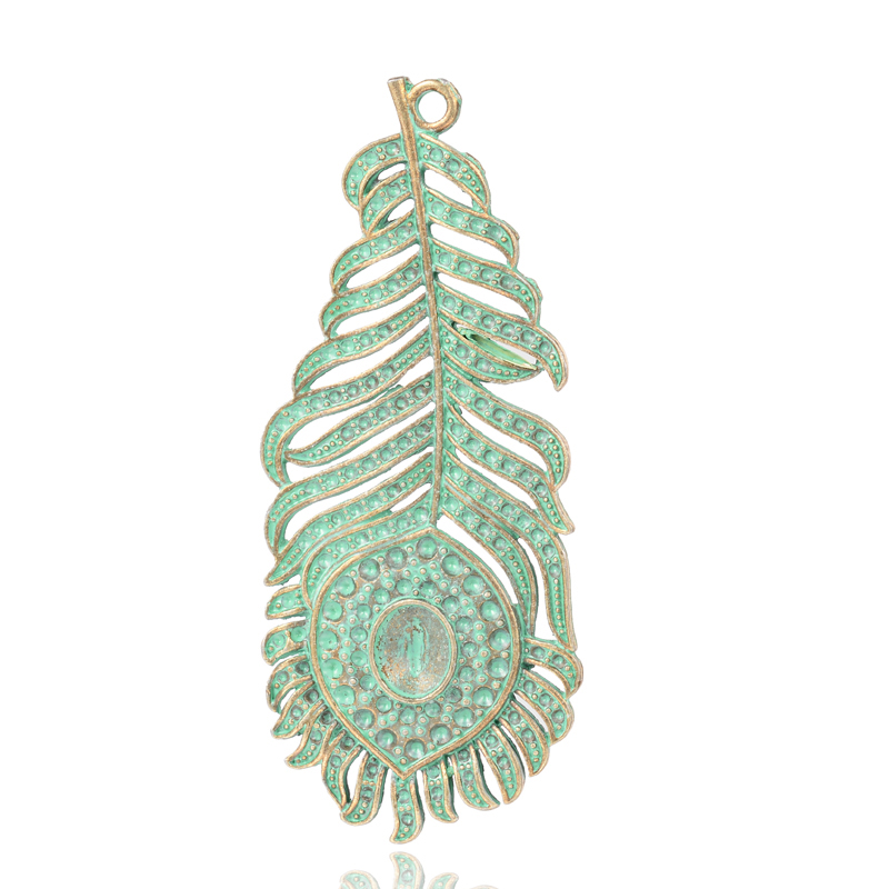 PandaHall Feather Alloy Big Pendant Cabochon Settings, Nickel Free, Antique Bronze & Green Patina, 79.5x33x4mm, Hole: 3mm; Tray: 8x10mm; Fit...