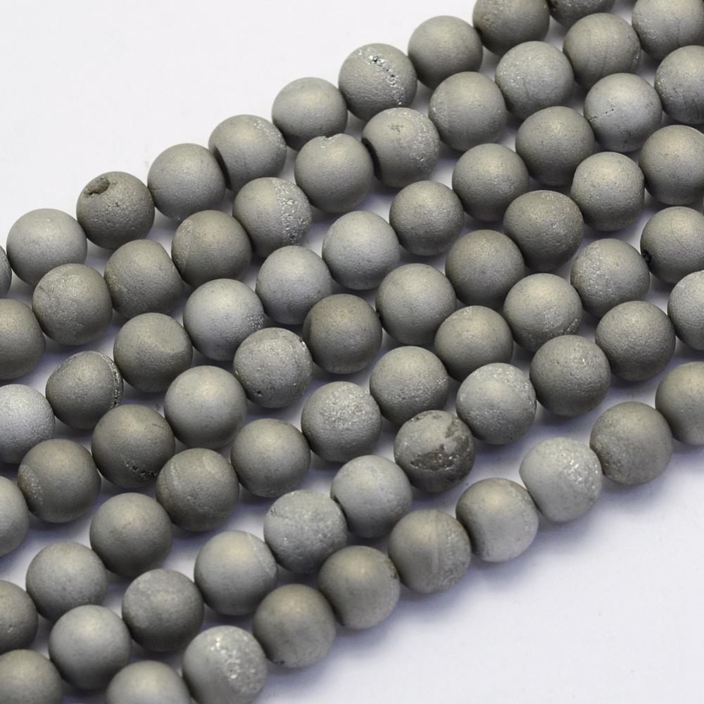 PandaHall Electroplate Natural Druzy Agate Beads Strands, Round, Frosted, Platinum Plated, 8mm, Hole: 1mm; about 48pcs/strand, 14.9''(38cm)...