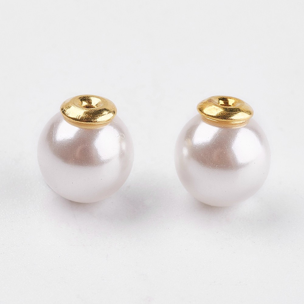PandaHall Acrylic Pearl Ear Nuts, with Golden Tone Brass Findings, Round , White, 9x8mm, Hole: 0.8mm Plastic White