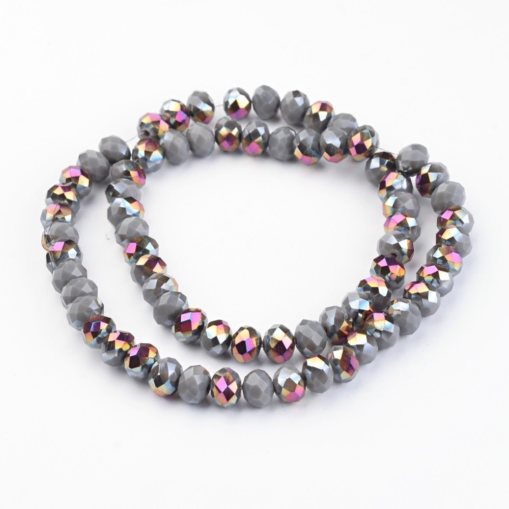 PandaHall Electroplate Glass Bead Strands, Half Plated, Faceted, Rondelle, Gray, 8x6mm, Hole: 1mm; about 72pcs/strand, 15.7'' Glass Rondelle...