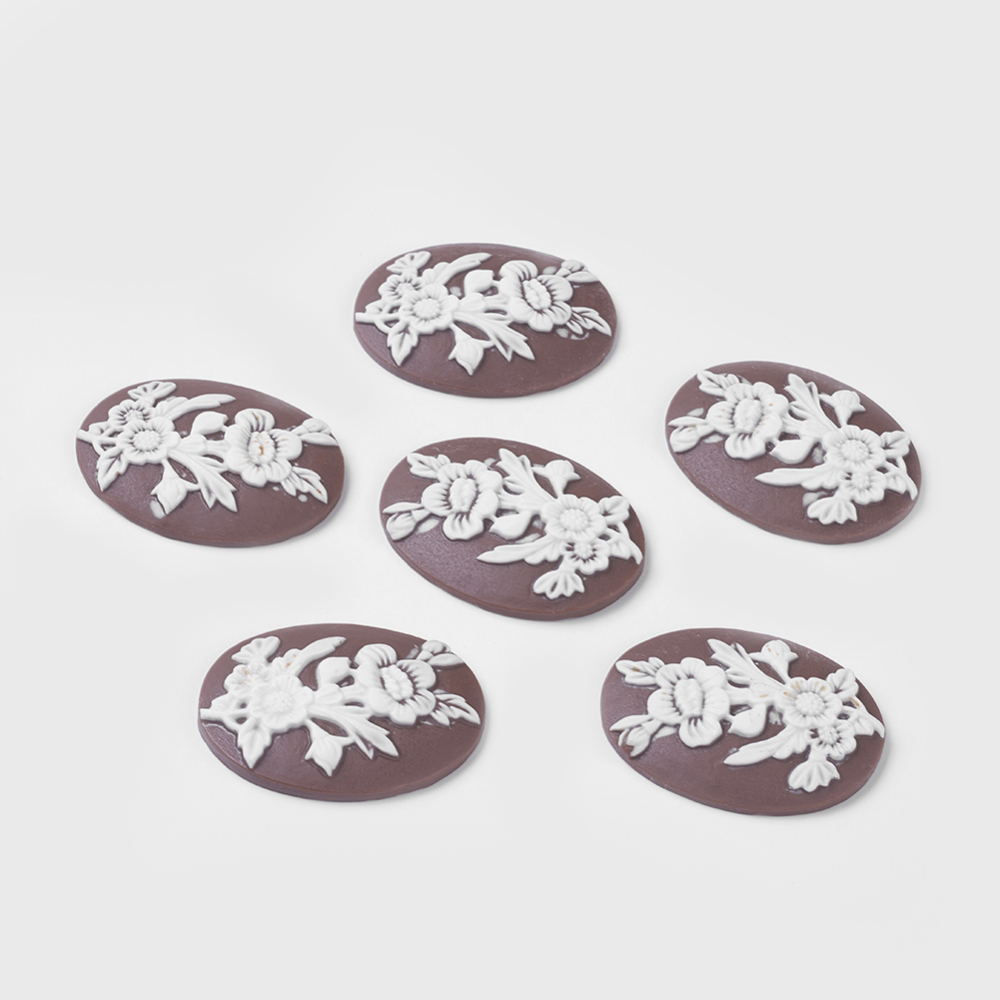 PandaHall White Flower Resin Cameo Oval Cabochons, Coffee, Size: about 29.4mm wide, 39.4mm long, 7mm thick Resin Oval Brown