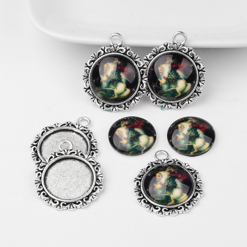 PandaHall Antique Silver Alloy Pendant Cabochon Bezel Settings and Jesus and Virgin Printed Glass Cabochons, Flat Round, Colorful, 30x25x7mm...