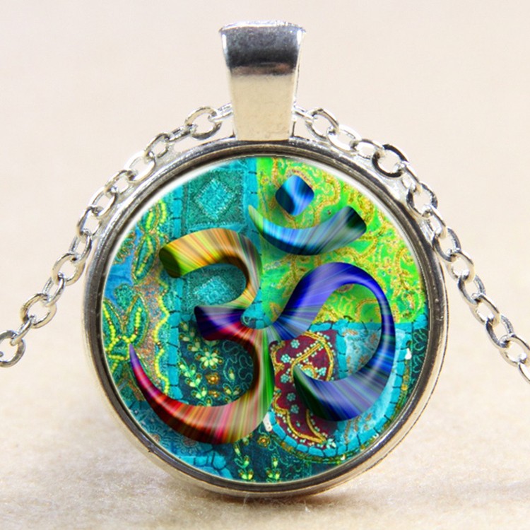 PandaHall Flat Round with Meditative Yoga Glass Alloy Pendant Necklaces, Silver, 17.7" Glass