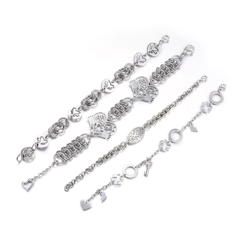 PandaHall 304 Stainless Steel Link & Charm Bracelets, with Lobster Clasp, Stainless Steel Color, 8-1/4"~9"(210~230mm) Stainless Steel