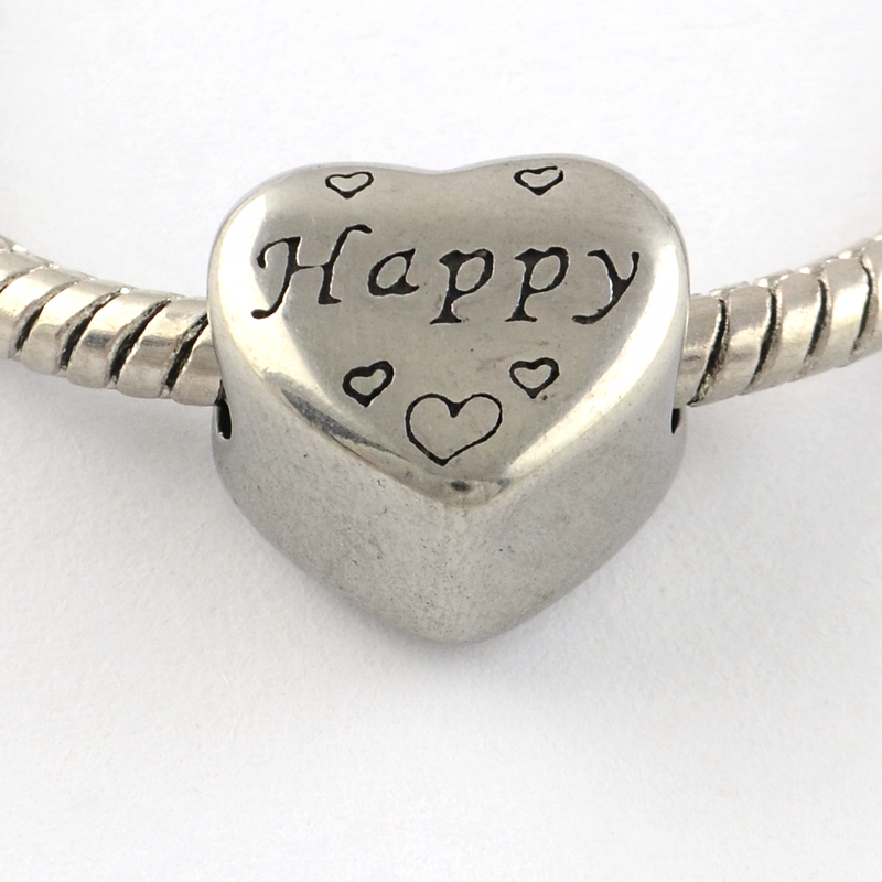 PandaHall Vintage Heart 316 Stainless Steel European Beads, Large Hole Beads, with Word Happy, Antique Silver, 11x12x9mm, Hole: 5mm...