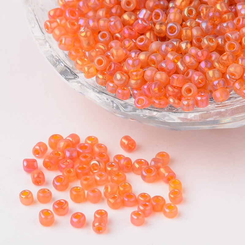 PandaHall Transparent Colours Rainbow Round Glass Seed Beads, OrangeRed, Size: about 3mm in diameter, hole: 1mm; about 1102pcs/50g Glass Red