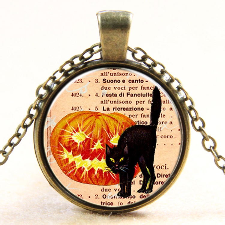 PandaHall Halloween Pumpkin and Black Cat Pattern Flat Round Glass Pendant Necklaces, with Alloy Chains, Antique Bronze, 18" Alloy