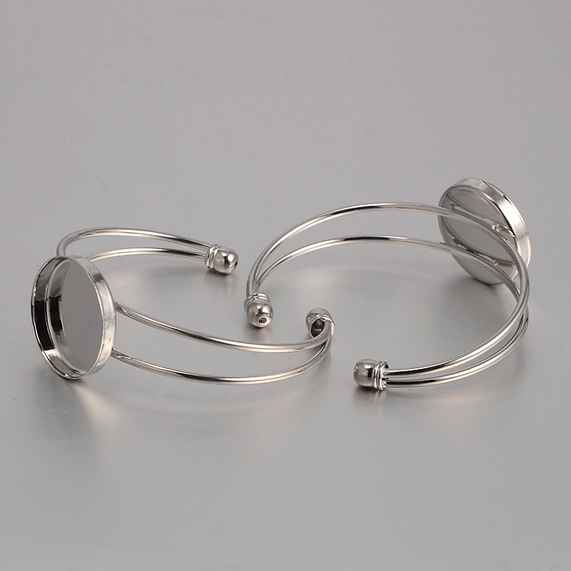 PandaHall Brass Cuff Bangle Makings, Bangle Blanks, with Flat Round Tray, Platinum, 60mm, Tray: 25mm Brass