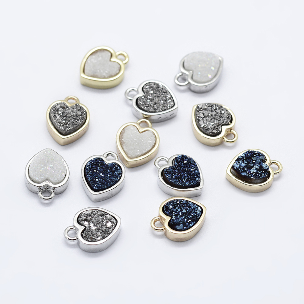 PandaHall Electroplate Natural Druzy Agate Charm, with Brass Findings, Heart, Mixed Color, 9.5x7.5x3~3.5mm, Hole: 1.5mm Agate Heart...