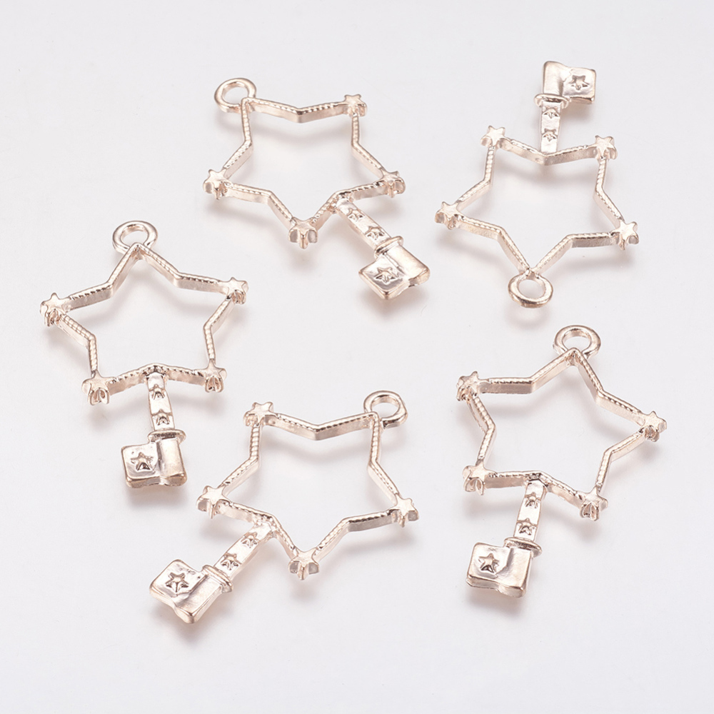 PandaHall Alloy Open Back Bezel Pendants, For DIY Resin, Pressed Flower Jewelry, Star Key, Rose Gold, 42x25x2mm, Hole: 3mm Alloy Key